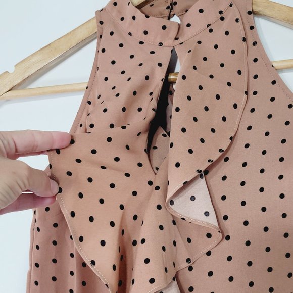 RW&CO Sleeveless Ruffle Blouse Shirt Top Tan Polka Dot Business Casual Size XXS - Picture 3 of 9